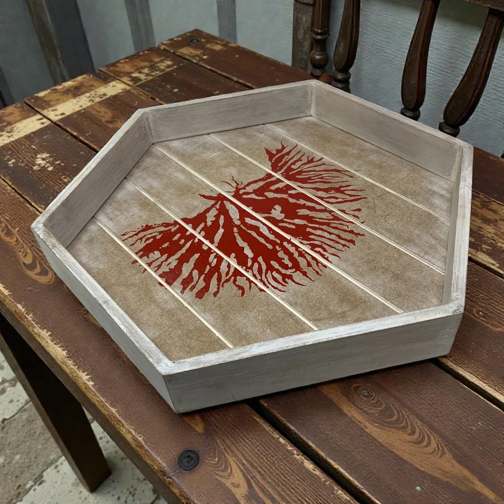 Vintage Pier 1 Hexagon Coral Stencil Wood Tray Beach House Summer Decor 16